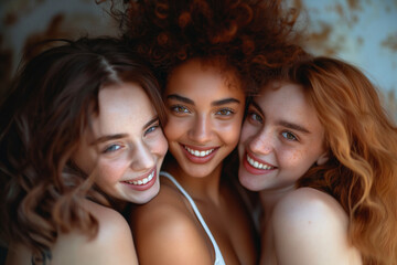 Group of happy women with different skin tones smiling