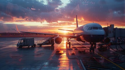 Airplane at sunrise in the terminal gate ready for takeoff - Waiting for the flight. Travel around the world