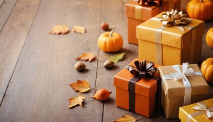 Autumn-themed background with gift boxes, small pumpkins, and fallen leaves on a wooden surface