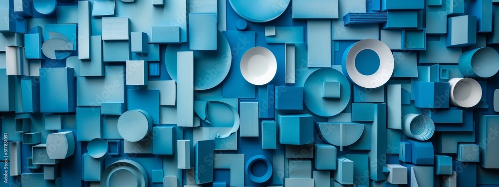 Poster abstract paper cutouts arranged to form blue patterns.