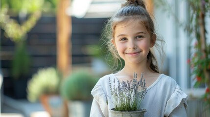 young girl holding a potted lavender plant, smiling happily in a garden setting. The background...
