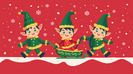 Cute little boys in elf costumes with sledge on red background