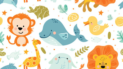 Childish seamless pattern with funny adorable toy ani