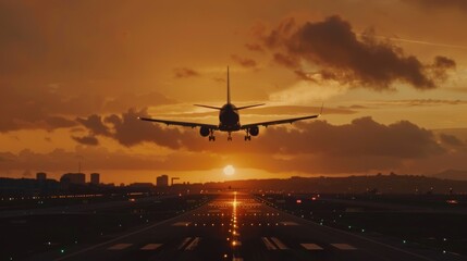 Airplane landing on airport runways during sunset