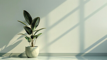 A potted plant growing beside a sunlit wall in a minimalist room during the afternoon