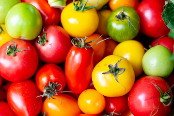 a pile of different colored tomatoes and peppers together with green leaves