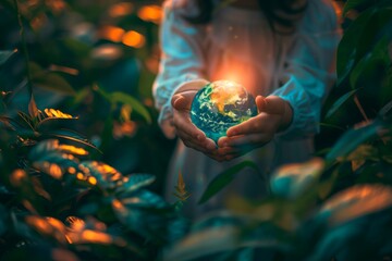 Child carrying planet Earth with her hands. Contrasted image