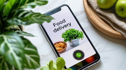 A food delivery app interface displayed on a smartphone screen, showcasing a seamless meal ordering experience for restaurants or cafes. The background provides ample copy space for text or branding.