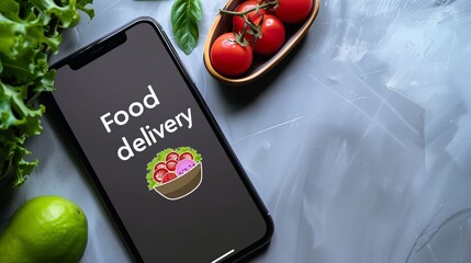 A food delivery app interface displayed on a smartphone screen, showcasing a seamless meal ordering experience for restaurants or cafes. The background provides ample copy space for text or branding.
