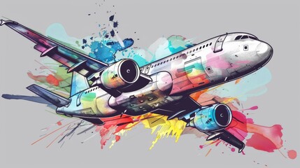 Airplane with colorful globe sketch on grey background. Travel and tourism concept