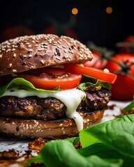 Closeup of a delicious hamburger. Ai generative