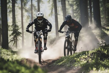 Naklejka premium two mountain bikers race on a forest track, dust trailing them