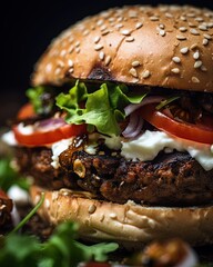 Closeup of a delicious hamburger. Ai generative