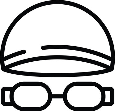 recommend clip art: Simple black line art illustration of swimming goggles and a swim cap, isolated on white