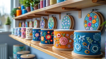 Obraz premium embroidery hoop art, vibrant embroidery hoops adorn the craft room wall, showcasing the artistry and beauty of handcrafted garments