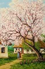 Oil paintings rustic landscape, fine art, artwork, blossom in spring