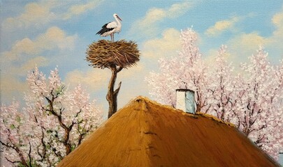 Oil paintings rustic landscape, fine art, artwork, stork on the nest