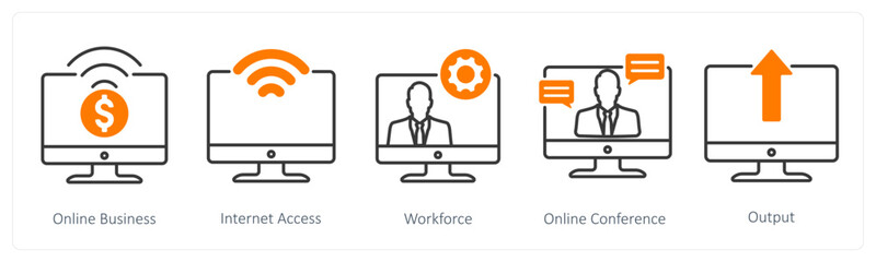 A set of 5 Business and Office icons as online business, internet access, workforce