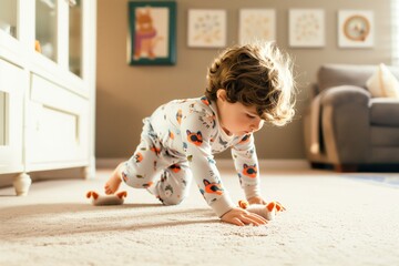 child in pajamas with cat slippers playing on the floor