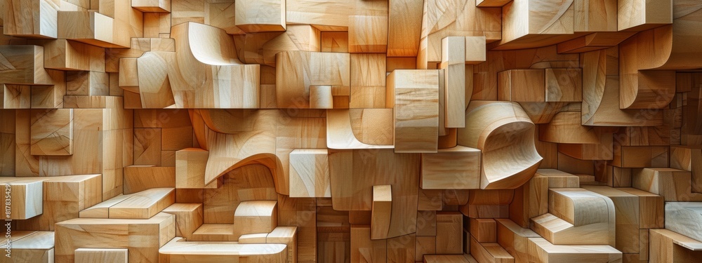 Poster abstract wood cutouts arranged to form brown block patterns.