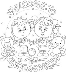 Welcome to kindergarten card with funny little boy and girl among their toys going to nursery school, black and white vector cartoon illustration for a coloring book