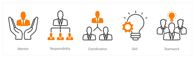 A set of 5 Business and Office icons as mentor, responsibility, coordination, skill