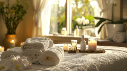 A stock photo of a luxurious spa treatment room with soft towels, essential oils, and a peaceful, relaxing ambiance