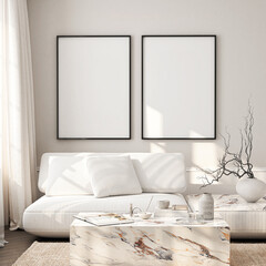 Frame mockup, ISO A paper size. Living room wall poster mockup. Interior mockup with house background. Modern interior design. 3D render
