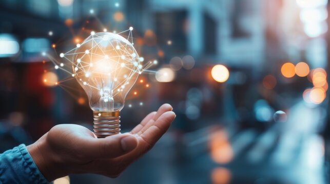 Businessman hand holding creative light bulb with industry network,analysis solution and development marketing network icons planning strategy,