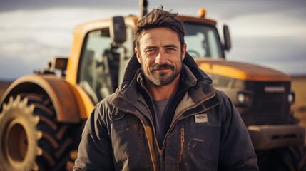 Portrait of a farmer against the background of a tractor.
