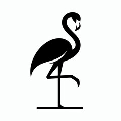 Black silhouette of a flamingo standing on one leg on a white background, black and white, vector style
