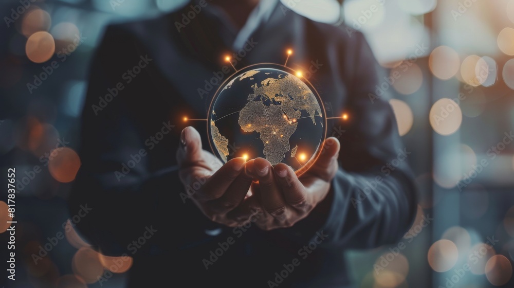 Aufkleber Businessman holding global network connection on social networking and customer data analytics, Business strategy and smart intelligence, digital