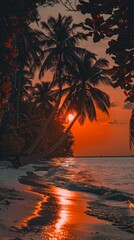 Obraz premium A stunning sunset on a tropical beach, with vibrant colors reflecting on the water and palm trees silhouetted against the sky