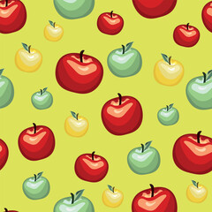 A seamless summer pattern with yellow, green, red apples, colorful ripe fruits scattered on a yellow background, a vibrant fruit pattern 