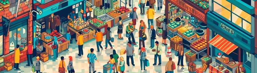 A bustling indoor market with people shopping for fresh produce, flowers, and other goods