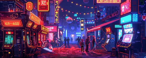 A pixelated image of a city street at night. The street is lined with shops and restaurants, and there are people walking around. The sky is dark and there are stars and a moon.