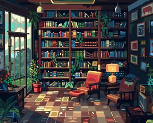 A cozy library filled with bookshelves, a large window, and a comfortable reading chair
