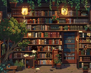 A cozy library filled with books, plants, and a warm, inviting atmosphere. Perfect for getting lost in a good book.