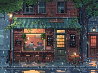 A pixel art image of a rainy street with a cafe. The cafe has a green awning and a brown door. There are two chairs outside the cafe and a street lamp on the sidewalk.