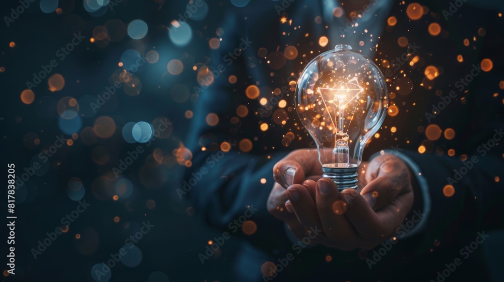 Poster businessman holding light blub with virtual global internet connection. global internet connection a