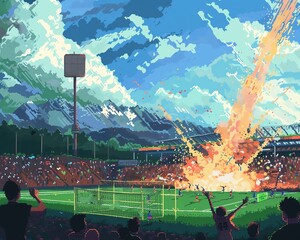 A pixel art image of a soccer stadium. The stadium is full of people and there is a large explosion on the field. The sky is blue and there are mountains in the background.