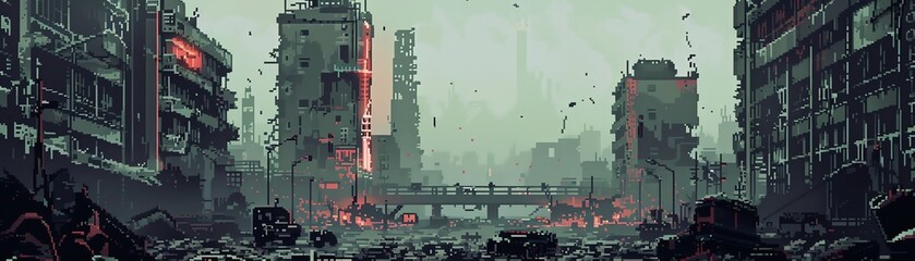 A pixel art image of a post-apocalyptic city. The city is in ruins, with destroyed buildings and cars everywhere. There is a green fog in the air, and the sky is dark and gloomy.