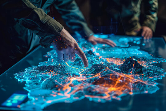 Soldier pointing at glowing tactical map screen