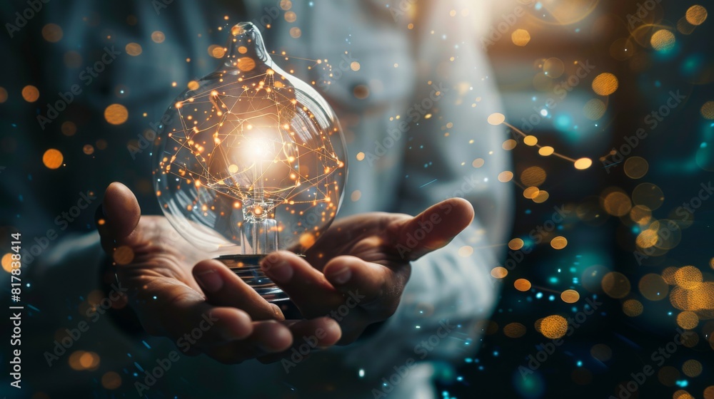 Poster businessman holding light blub with virtual global internet connection. global internet connection a