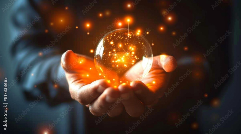 Poster businessman holding light blub with virtual global internet connection. global internet connection a