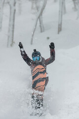 A girl on a snowboard raises her hands up along with the board moving in deep fresh snow through a Japanese forest in Hokkaido