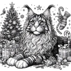 A unicorn coloring pages black and white drawing includes drawing of a cat with a beard and christmas tree image art card design has illustrative.