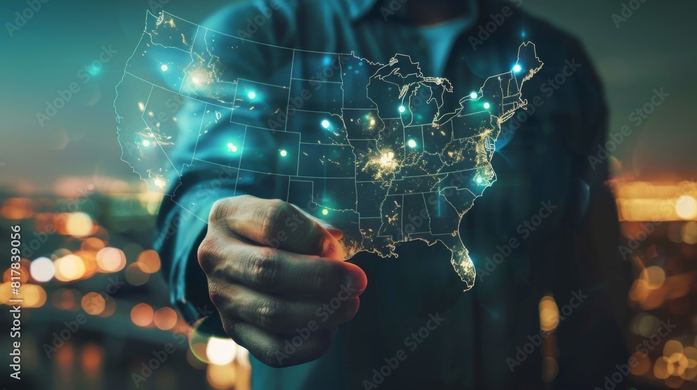 Aufkleber businessman on blurred background using usa world map interface 3d rendering