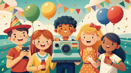 Diverse Group of Happy Cartoon Kids Celebrating with Balloons and Camera