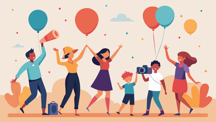 Joyful Diverse Group Celebrating with Balloons and Music